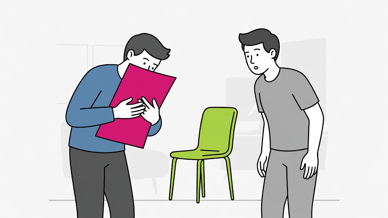 Invented vector conversation: one figure covers a magenta letter while the other looks toward a vacant lime chair.