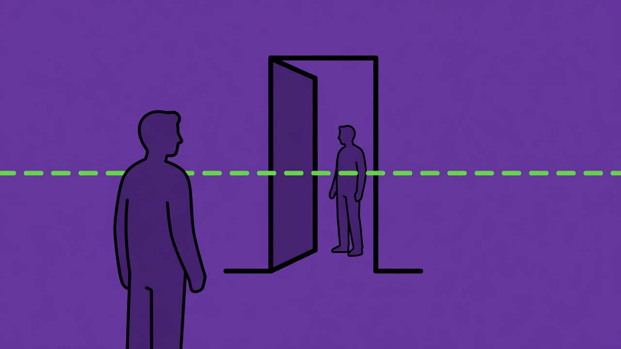 Invented vector scene: a foreground figure faces a smaller figure beyond a doorway, with a lime dashed eyeline across purple negative space.