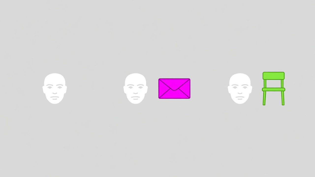 Illustrative vector editing strip: the same white face is followed by either a magenta envelope or a lime empty chair.