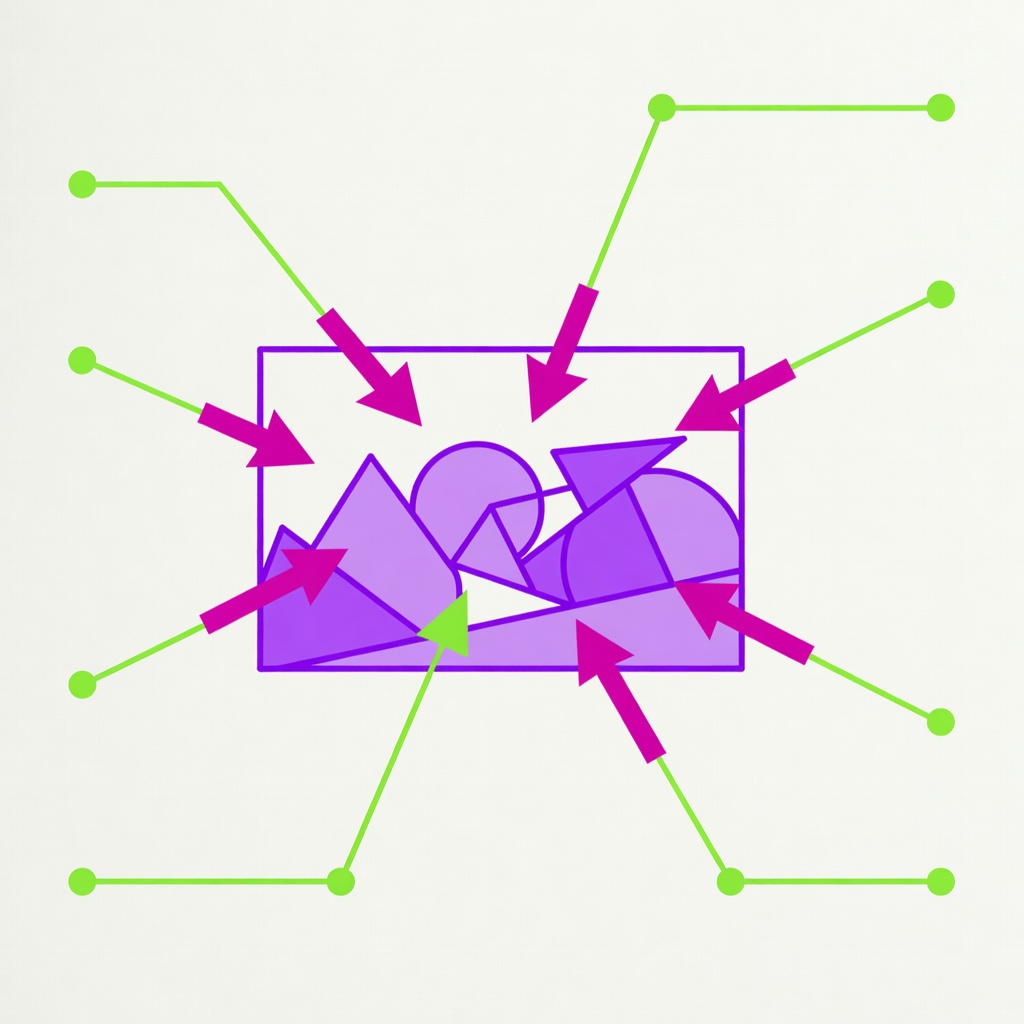 Flat vector study page showing a purple scene frame, magenta blocking marks and lime notes connecting an image to possible interpretations.
