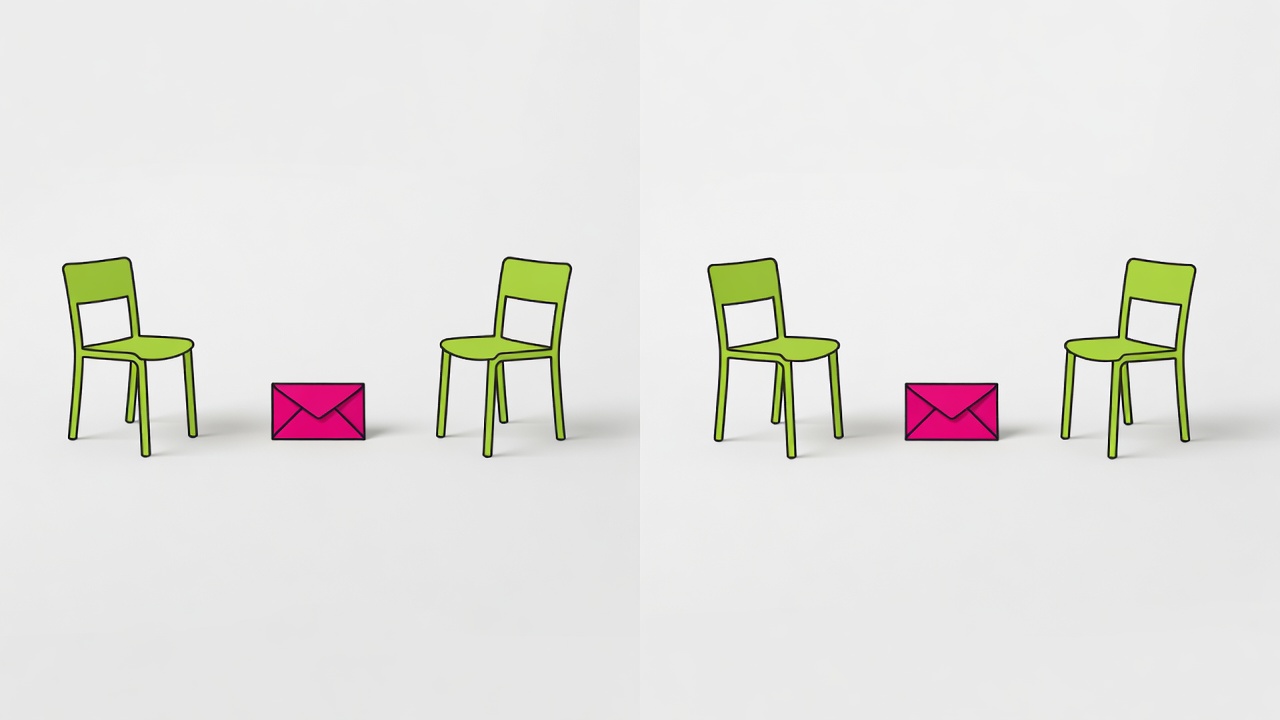 Invented vector before-and-after scene: two lime chairs begin far apart and end closer together while a magenta letter remains unopened.